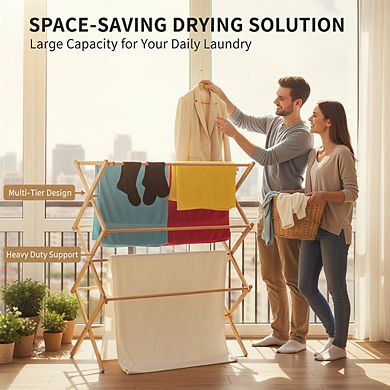 Collapsible 100%Bamboo Laundry Drying Rack, Heavy Duty Pre-Assembled Wooden Clothes Dryer