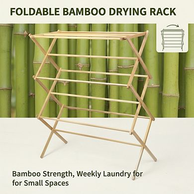 Collapsible 100%Bamboo Laundry Drying Rack, Heavy Duty Pre-Assembled Wooden Clothes Dryer