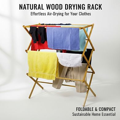 Collapsible 100%Bamboo Laundry Drying Rack, Heavy Duty Pre-Assembled Wooden Clothes Dryer