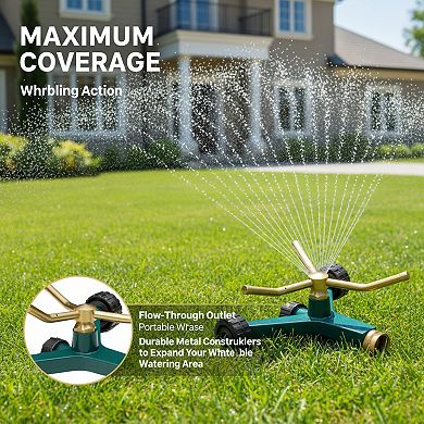 3-Arm Metal Sprinkler with Wheel Base, Adjustable Coverage for Lawn Garden