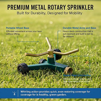 3-Arm Metal Sprinkler with Wheel Base, Adjustable Coverage for Lawn Garden