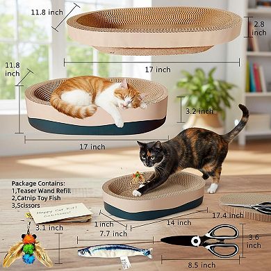 Nicate 3pc Cat Scratcher Cardboard Set: Oval Bowl Nest Lounge Bed with Toys