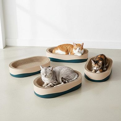Nicate 3pc Cat Scratcher Cardboard Set: Oval Bowl Nest Lounge Bed with Toys