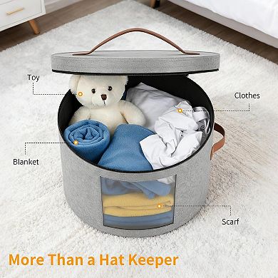 Hat Box,Hat Storage Box,Stackable Round Brim Hats Organizer Bag Container (Grey, 16.5" D x 10.5" H)
