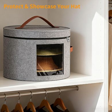 Hat Box,Hat Storage Box,Stackable Round Brim Hats Organizer Bag Container (Grey, 16.5" D x 10.5" H)