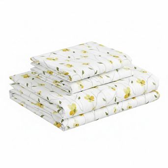 Yellow Floral Queen Sheet Set 4 pc Soft Microfiber Deep Pocket Corner Straps