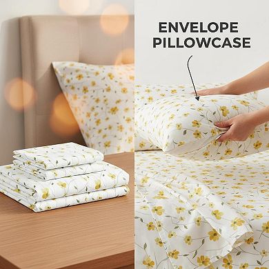 Yellow Floral Queen Sheet Set 4-Piece Soft Microfiber Deep Pocket Corner Straps