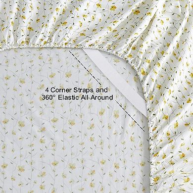 Yellow Floral Queen Sheet Set 4-Piece Soft Microfiber Deep Pocket Corner Straps