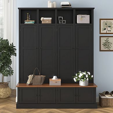 Merax 76.7" Farmhouse Hall Tree with Bench, Cabinet & Coat Rack 4-in-1 Entryway Storage Organizer