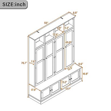 Merax 76.7" Farmhouse Hall Tree with Bench, Cabinet & Coat Rack 4-in-1 Entryway Storage Organizer