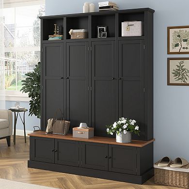 Merax 76.7" Farmhouse Hall Tree with Bench, Cabinet & Coat Rack 4-in-1 Entryway Storage Organizer