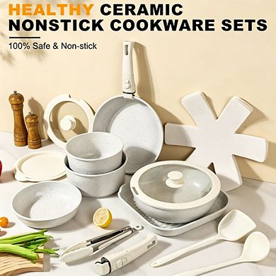 MOEPLSY20-Piece Nonstick Ceramic Cookware Set Detachable Handle, Non-Toxic & Stackable Design