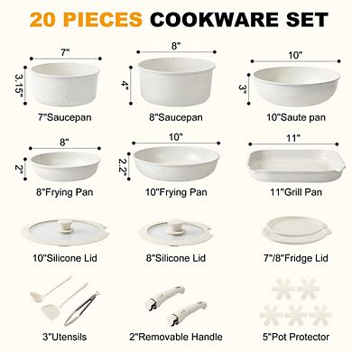 MOEPLSY20-Piece Nonstick Ceramic Cookware Set Detachable Handle, Non-Toxic & Stackable Design