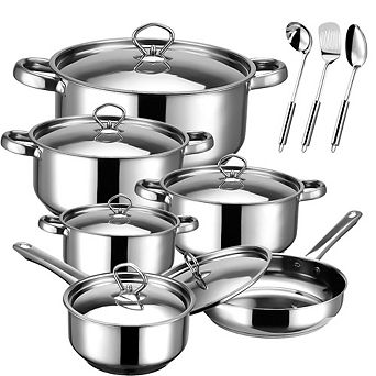 MOEPLSY15 pc Stainless Steel Cookware Set With sturdy fixed handles, it is induction compatible