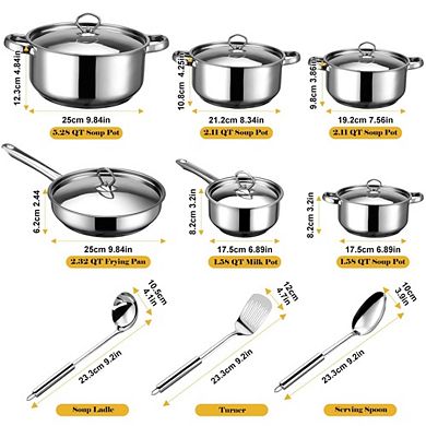 MOEPLSY15-Piece Stainless Steel Cookware Set With sturdy fixed handles, it is induction compatible