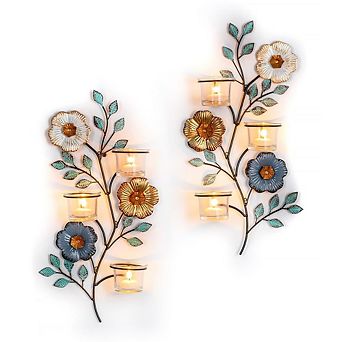 MOEPLSY Colorful Metal Flower & Leaf Wall Candle Sconces, 6-Glass Cup Tealight Holder Decor
