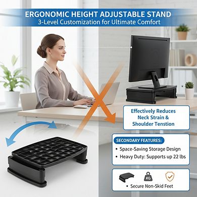 Height Adjustable Monitor Stand with Storage, Ergonomic Desk Riser Fits Laptops Up to 22lbs Black