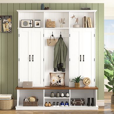Merax Entryway Hall Tree with Bench, Farmhouse Coat Rack with Hooks, Cubbies & Storage Cabinet