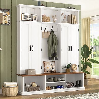 Merax Entryway Hall Tree with Bench, Farmhouse Coat Rack with Hooks, Cubbies & Storage Cabinet