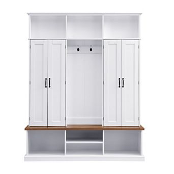 Merax Entryway Hall Tree with Bench, Farmhouse Coat Rack with Hooks, Cubbies & Storage Cabinet