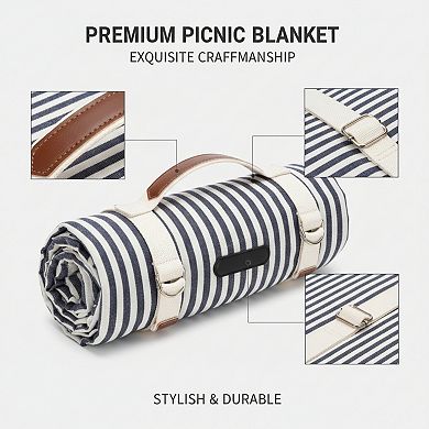 Navy Blue Waterproof Picnic Blanket, Portable with Carry Strap for Beach Camping
