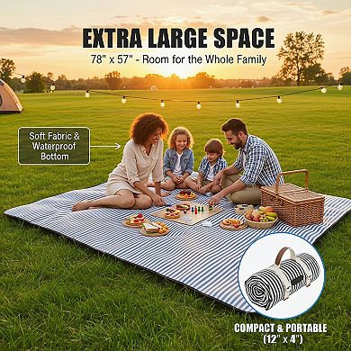 Navy Blue Waterproof Picnic Blanket, Portable with Carry Strap for Beach Camping