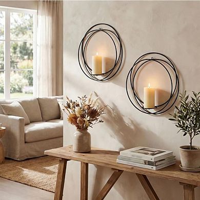 MOEPLSY 2-Piece Black Metal and Wood Wall Candle Sconces, Wall-Mount Candle Holders