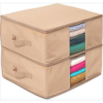 Clothes Storage Bag Organizer Protects from Moths, Moisture, Set of 2 Underbed Storage Bags- Beige