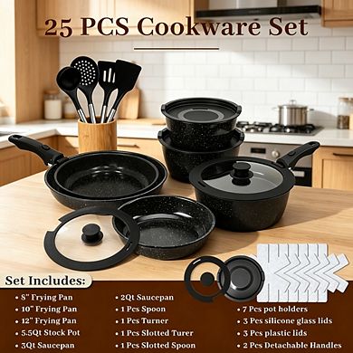 MOEPLSY25-Piece Nonstick Cookware Set with Detachable Handles, Pans with Lids, Utensils & Trivets