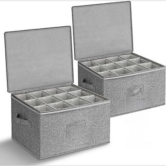 Great Ambitions Wine Glass Storage Box with Padded Dividers, Holds 24 Glasses, Stackable 2 pc