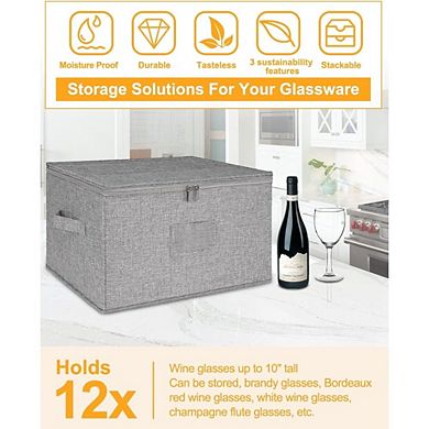 Great Ambitions Wine Glass Storage Box with Padded Dividers, Holds 24 Glasses, Stackable 2pcs