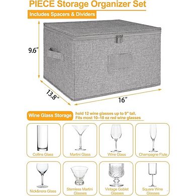 Great Ambitions Wine Glass Storage Box with Padded Dividers, Holds 24 Glasses, Stackable 2pcs