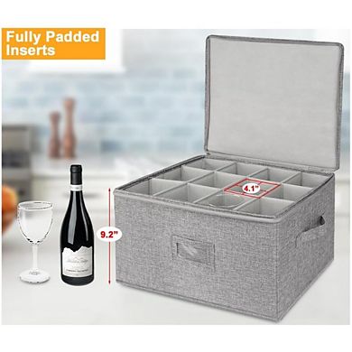 Great Ambitions Wine Glass Storage Box with Padded Dividers, Holds 24 Glasses, Stackable 2pcs