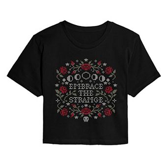 Juniors' Embrace The Strange Cross Stitch Cropped Tee