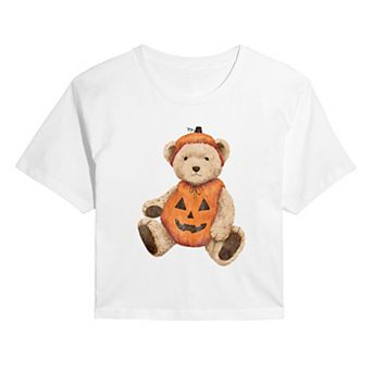 Juniors' Pumpkin Teddy Bear Cropped Tee