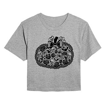 Juniors' Coquette Lace Pumpkin Bow Cropped Tee