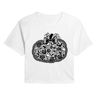 Juniors' Coquette Lace Pumpkin Bow Cropped Tee