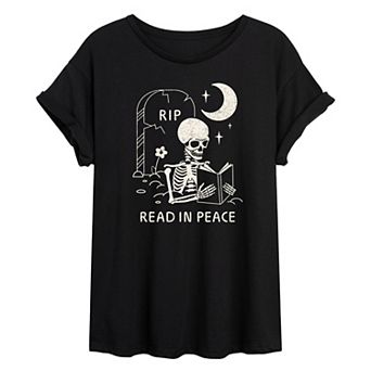 Juniors' Read In Peace Skeleton Oversized Tee
