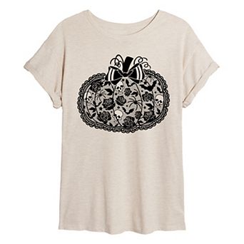 Juniors' Coquette Lace Pumpkin Bow Oversized Tee