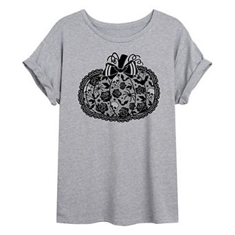 Juniors' Coquette Lace Pumpkin Bow Oversized Tee