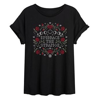Juniors' Embrace The Strange Cross Stitch Oversized Tee
