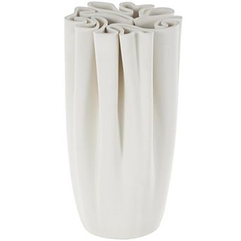 Stella & Eve Ceramic Ribbed Dimensional Folded Vase with Wavy Rim Table Decor