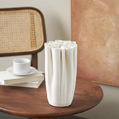 Stella & Eve Ceramic Ribbed Dimensional Folded Vase with Wavy Rim Table Decor