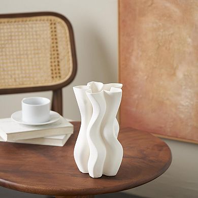 Stella & Eve Ceramic Ribbed Wavy Decorative Vase with Floral Shaped Rim Table Decor