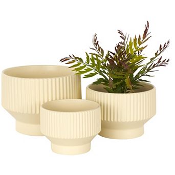 Stella & Eve 3 pc Ceramic Wide Planter Set with Linear Grooves & Tapered Bases