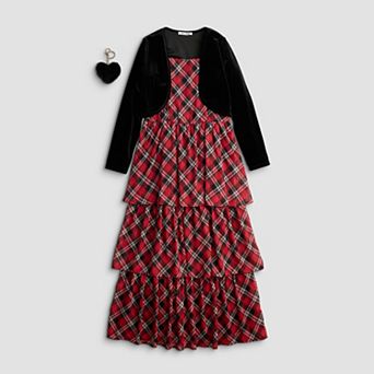 Girls 7-16 As U Wish 3 pc Printed Plaid Lurex Tiered Maxi Dress, Bolero, & Keychain Set