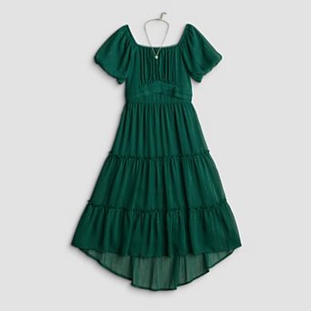 Girls 7-16 As U Wish Bubble Sleeve High Low Maxi Dress with Butterfly Necklace