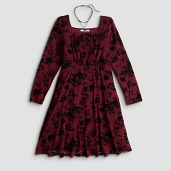 Girls 7-16 As U Wish Long Sleeve Flocked Mesh Dress with Heart Choker Necklace