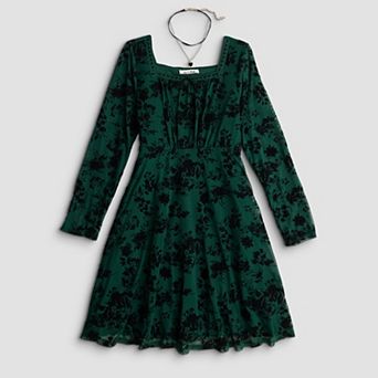 Girls 7-16 As U Wish Long Sleeve Flocked Mesh Dress with Heart Choker Necklace