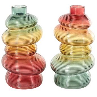 Stella & Eve Glass Ribbed Stacked Stones 2 pc Decorative Vase Set